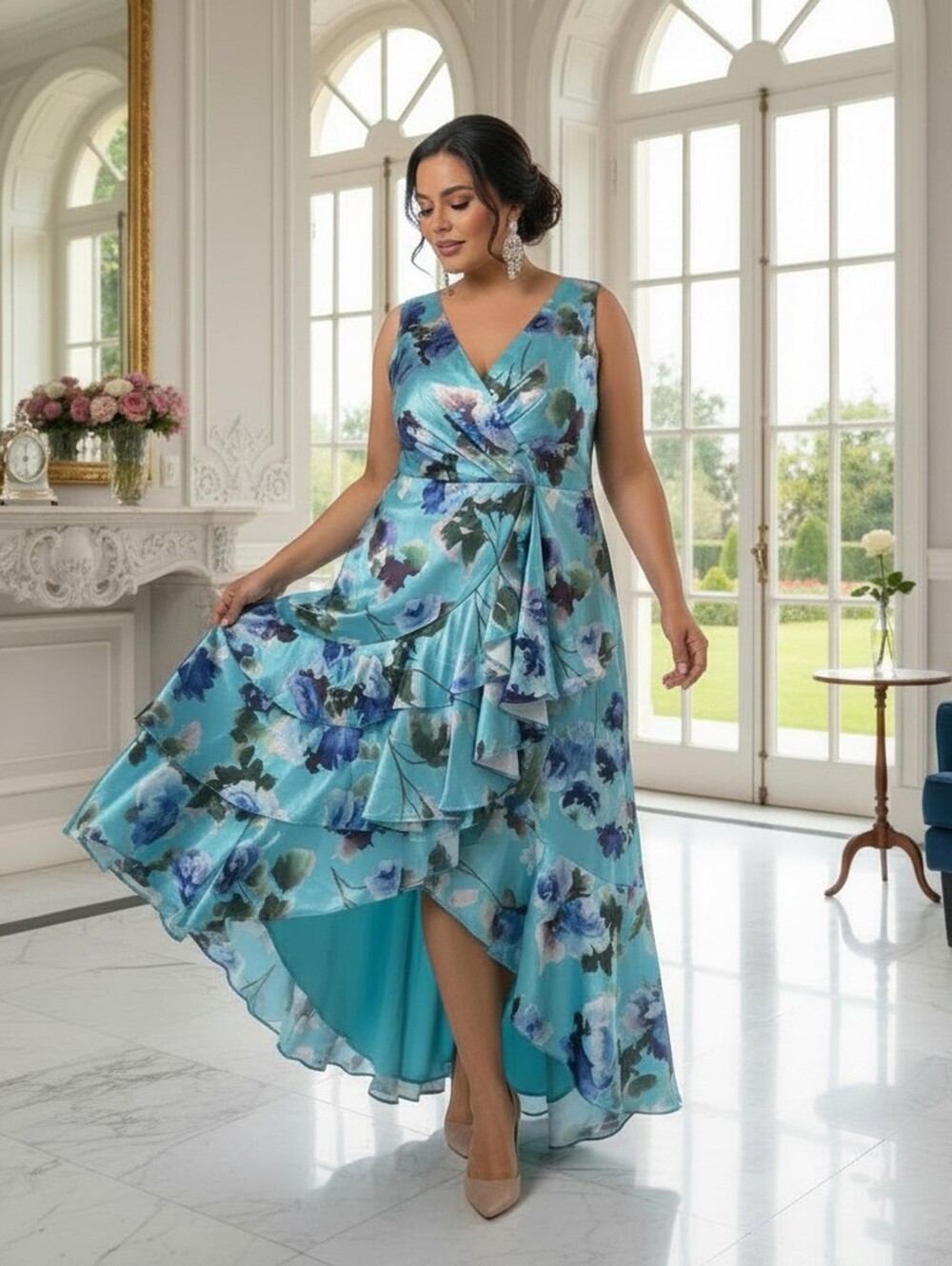 Eliza J Aqua Blue Tiered Satin High-Low Cocktail Dress Ruffled Women's Plus Size